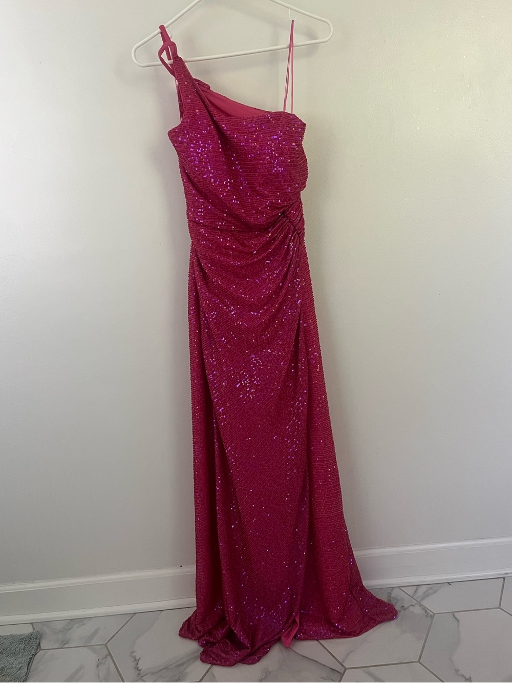 Night Way Collections Fuchsia One-Shoulder Sequin Gown